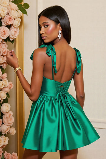 Dark Green Satin Corset A Line Short Homecoming Dress with Bows